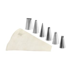 Rounded box set of 6 st/st icing tips + cotton piping bag 300 mm