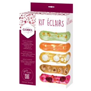 Kit éclairs : 1 plaque 8 éclairs, 2 poches pâtissières réutilisables, 3 douilles inox - Recette exclusive incluse